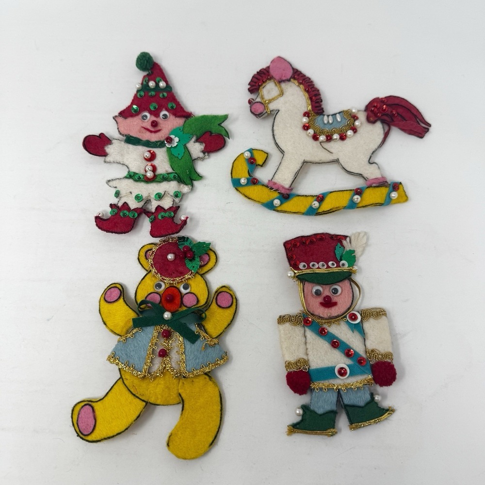 4 VTG BUCILLA Felt SEQUIN Christmas Ornaments Elf Soldier Bear Horse *No Loops